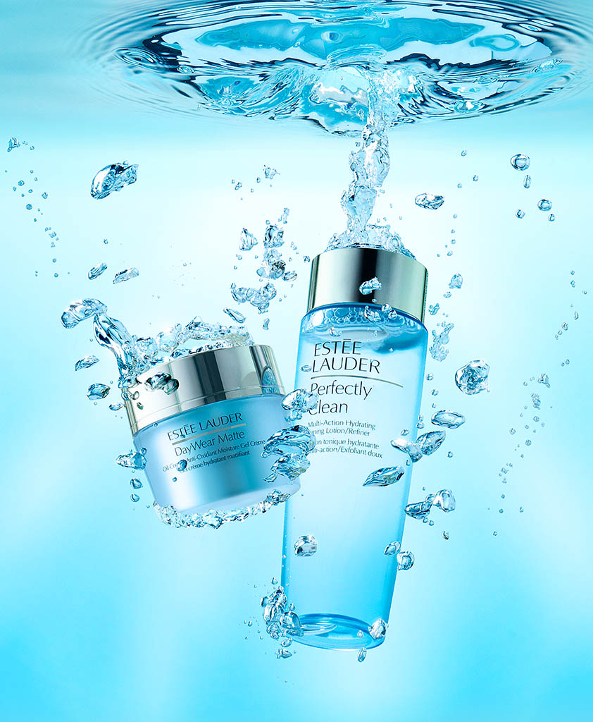 Creative Still Life Product Photography and Retouching of Estee Lauder skin care under water by Packshot Factory