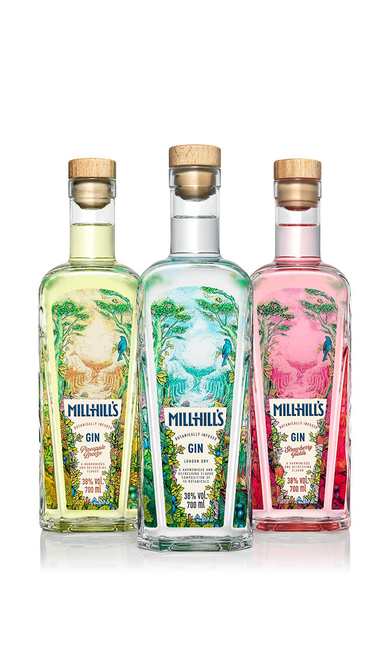 Drinks Photography of MillHills Gin Bottles by Packshot Factory