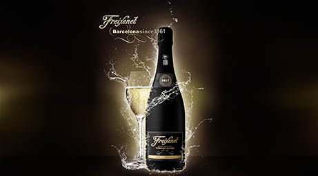 Black background Explorer of Freixenet champagne brut bottle and serve