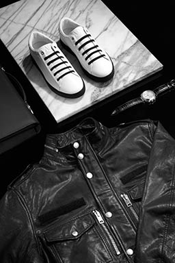 Luggage Explorer of Armani men's trainers and leather jacket