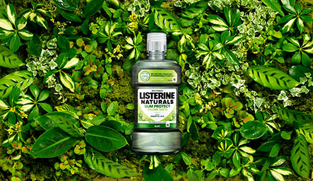 Coloured background Explorer of Listerine Naturals mouth wash bottle on a bed of foliage