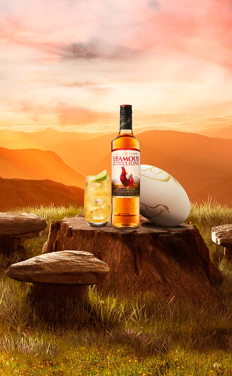Advertising Still Life Product Photography of Famous Grouse whisky and serve by Packshot Factory