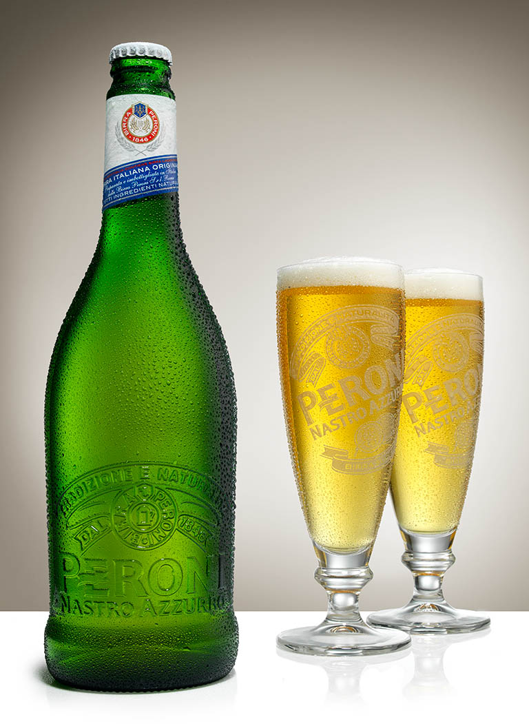 Advertising Still Life Product Photography of Peroni lager bottle and serve by Packshot Factory