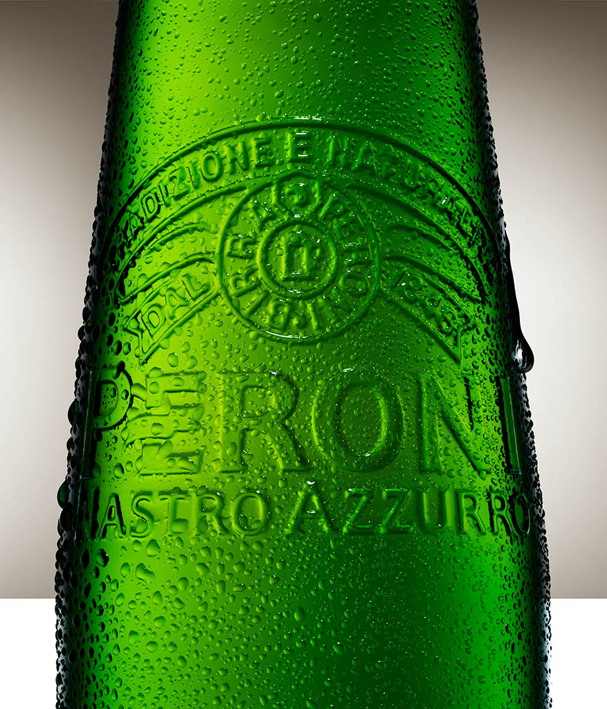 Advertising Still Life Product Photography of Peroni lager bottle and serve by Packshot Factory